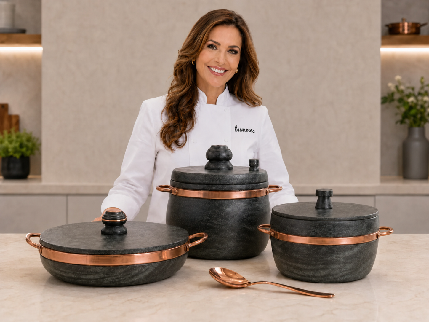 Chef ao lado das panelas de pedra sabão Naturyx na bancada da cozinha
